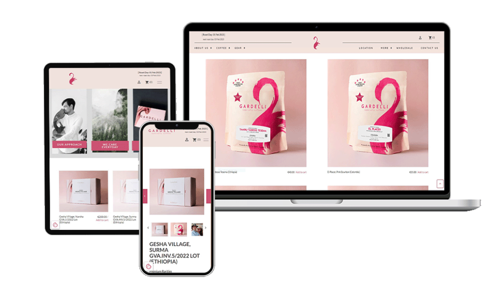 Mockup sito di Gardelli Coffee su laptop, Ipad e smartphone