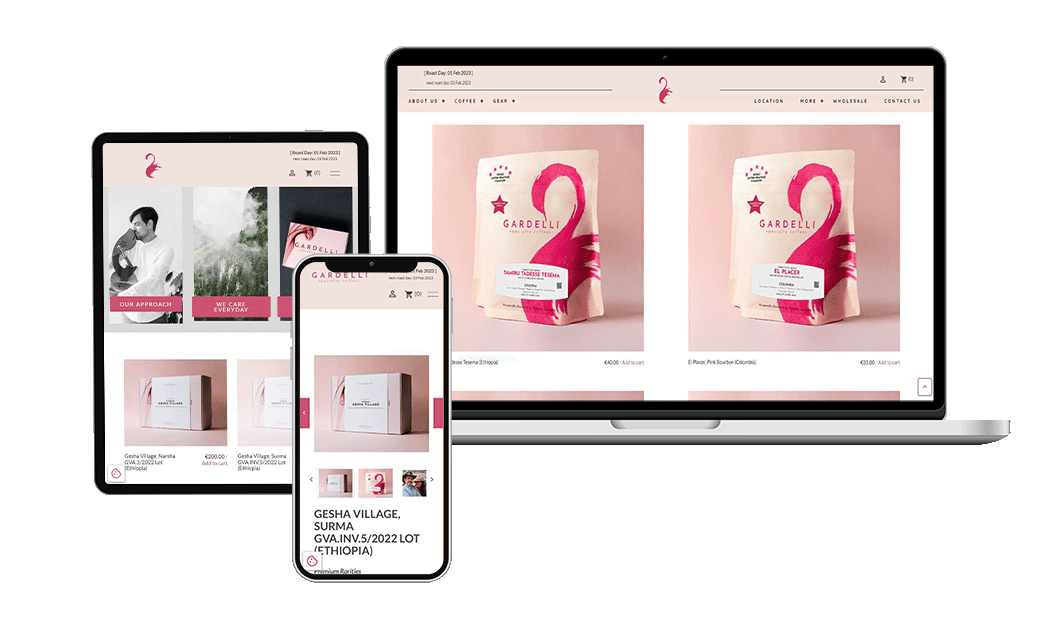 Mockup sito di Gardelli Coffee su laptop, Ipad e smartphone
