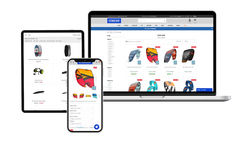 Mockup sito di Kitesurf e tavole da surf su laptop, Ipad e smartphone