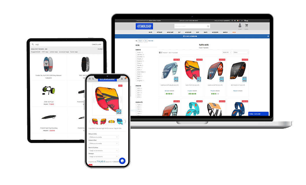 Mockup sito di Kitesurf e tavole da surf su laptop, Ipad e smartphone