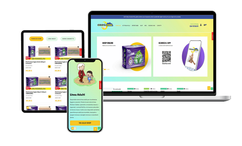 Mockup sito di pannolini Ciripà su laptop, Ipad e smartphone
