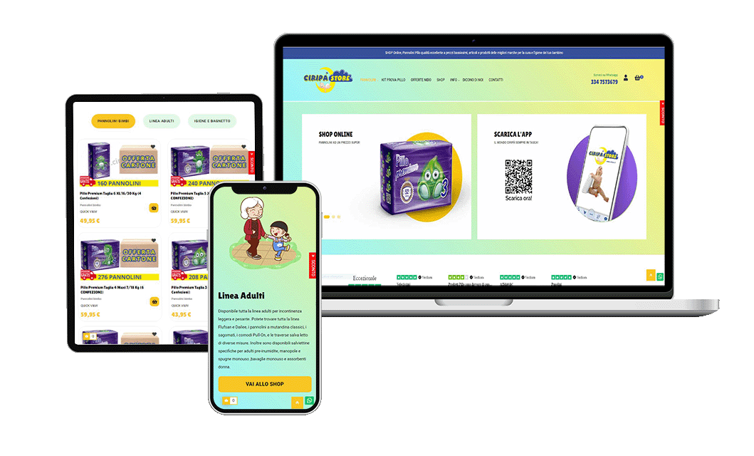 Mockup sito di pannolini Ciripà su laptop, Ipad e smartphone