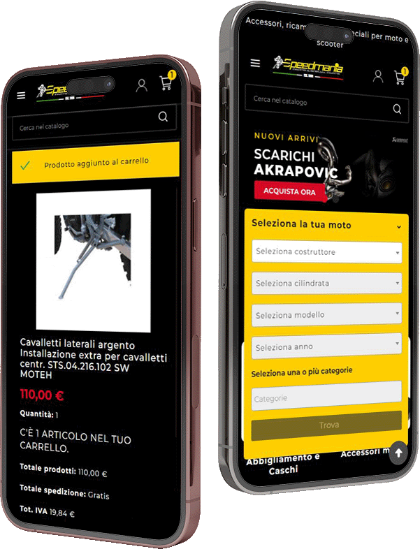 Mockup e-commerce di accessori e ricambi moto visto da smartphone